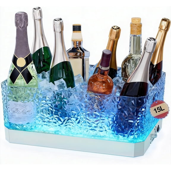 Plastic Ice Bucket for Parties, 15Liter / 4 Gallon Big Large Clear Beverage Tub for Champagne Beer Drink Wine Cocktails Bar, Hosting Party Essentials, LED Light Up, Rectangular, Leakproof