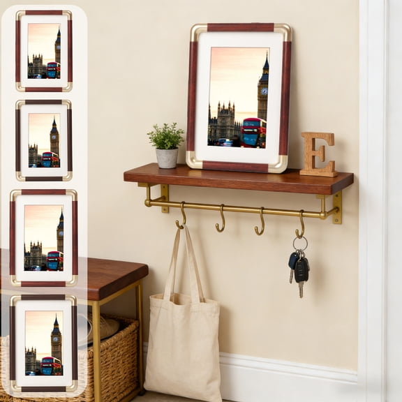 Plastic Imitation Copper Corner Photo Frame, Solid Wood Texture Tabletop Picture Frame for Christmas Decor, Family Gathering Home Setting, Mantel Display for Seasonal Celebration and Living Sopatenor