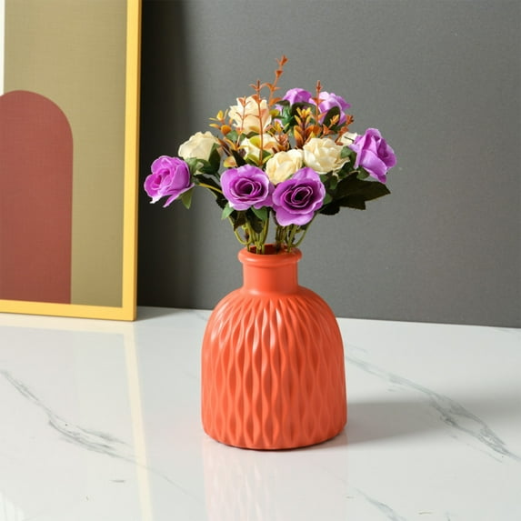 Plastic Imitation Glazed Vase Decorative Flower Pot Modern Home Decor Blue White Orange 15x11x5cm Lightweight for Living Room TV Cabinet Dried Flower Arrangement