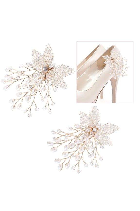 Plastic Imitation Pearl Beaded Flower Wedding Shoe Decorations Copper Wire Wrapped with Rhinestone Golden 80x62x10mm