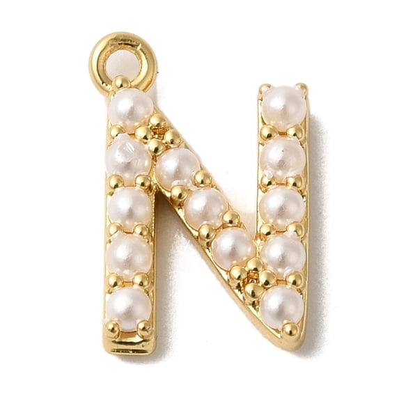 Plastic Imitation Pearl Pendants with Brass Findings Golden Letter N 7~14x13.5~15x3mm Hole: 1.3~1.4mm