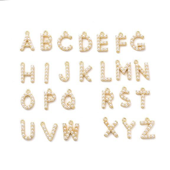 Plastic Imitation Pearl Pendants with Eco-friendly Brass Findings Letter A~Z Golden 12~16x2~13x3mm Hole: 1.4mm 26pcs/set