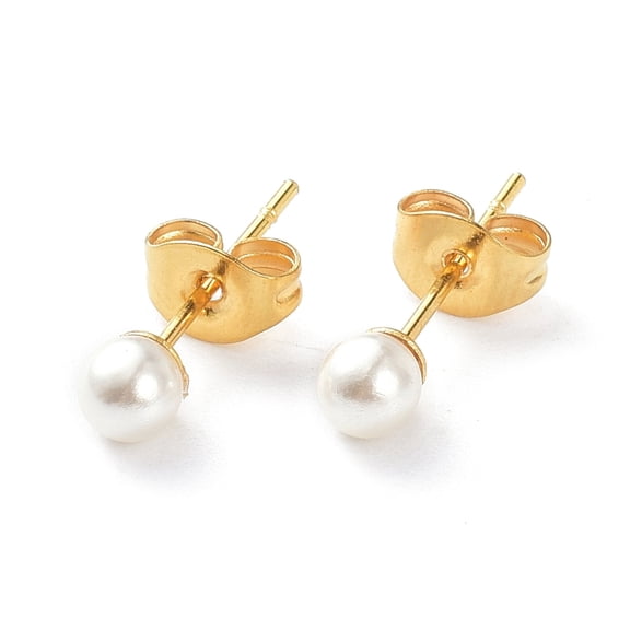 Plastic Imitation Pearl Stud Earrings with 304 Stainless Steel Pins and Ear Nuts Round Ball Golden 4mm Pin: 0.6mm 6pairs/card