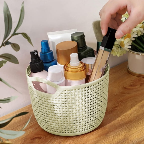 Plastic Imitation Rattan Desktop Storage Basket | Decorative Organizer for Indoor Toiletries & Home Essentials | Square Design | Green/Blue/Pink | 12.5x12.5x10.5cm | 1-Pack