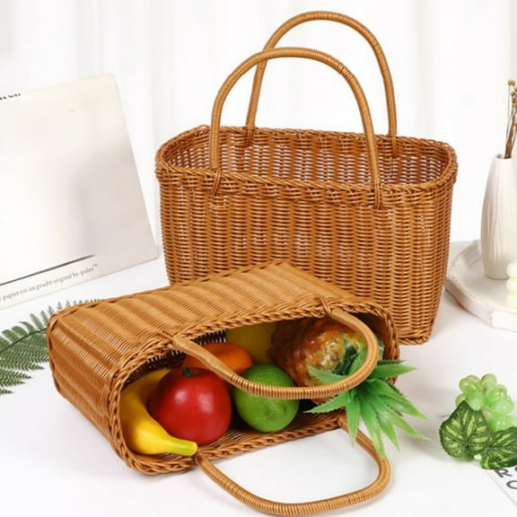 Plastic Imitation Rattan Woven Storage Basket | Handheld Durable Weaving Basket with Handle | Breathable Ventilated Design | Multi-Purpose Organizer for Camping, Shopping, Home | 14.2x7.9x7.1in