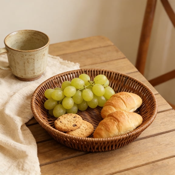 Plastic Imitation Vine Woven Storage Basket,Multi-Purpose Fruit Vegetable Snack and Candy Organizer,Durable Decorative Tray for Kitchen Counter and Home Pantry Display,Elegant Handwoven Design-A-M