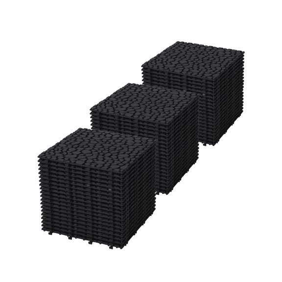 Plastic Interlocking Deck Tiles 12x12 Inch Black, Outdoor Waterproof Patio Flooring for Balcony Shower, Anti-Slip Pebble Stone Pattern Pack of 60