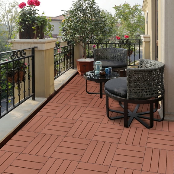 Plastic Interlocking Deck Tiles Patio Flooring Outdoor Waterproof All Weather Use For Garden Poolside Front/back Yard Mahogany Colour