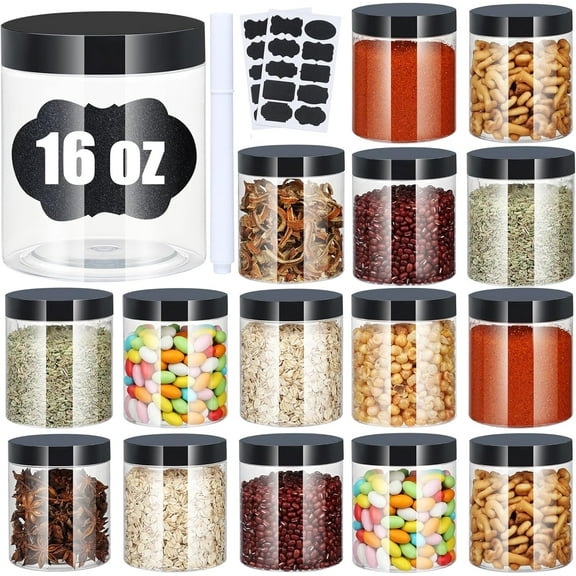 Plastic Jars with Lids, 16 oz Plastic Containers with Lids Clear Airtight Container Storage Jar Mason Jars for Dry Food Peanut Butter Honey Jam Cosmetics, Pack of 16 (16 PCS Black Lids)