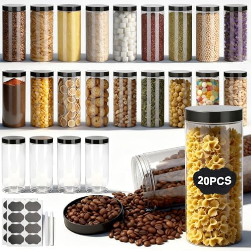 Plastic Jars with Lids,20 PCS 32 OZ Large Capacity Clear Storage Containers with Leakproof Lids Reusable Empty Storage Container for Dry Food Spice Candy Cookie Household and Kitchen Organizing