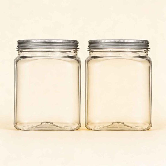 Plastic Jars with Lids, Square Mason Jars Clear Empty Food Storage Jar Reusable Kitchen Plastics Jar Refillable Canisters with Lids for Dry Food Peanut Butter Kitchen Organizing, 2 Pack