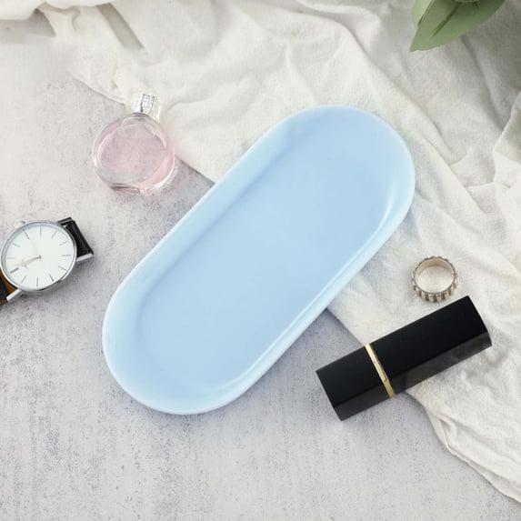 Plastic Jewelry Tray, Decorative Dish, Small Oval Candy Dessert Plate - Manicure Tools Storage Organizer for Home Salon Countertop Vanity,Blue(7.09X3.05Inch)
