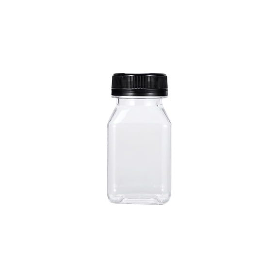 Plastic Juice Bottles, Clear Plastic Containers with Lids, 4Oz Square Shape, Black Screw Top, Cold Beverage Holding, Backyard Picnic, Transparent Body, 1 Pc