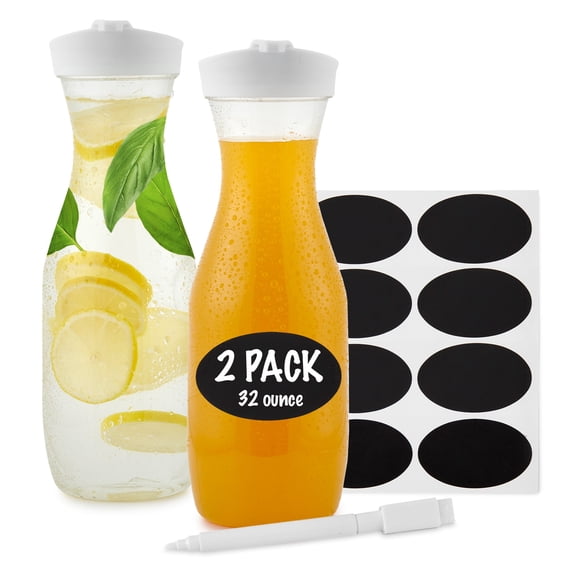 Plastic Juice Carafe with Lids (Set of 2) 32 oz Carafes for Mimosa Bar, Drink Pitcher with Lid, Water Bottle, Milk Container, Clear Beverage Containers for Fridge, Pantry Storage, Round Pitchers