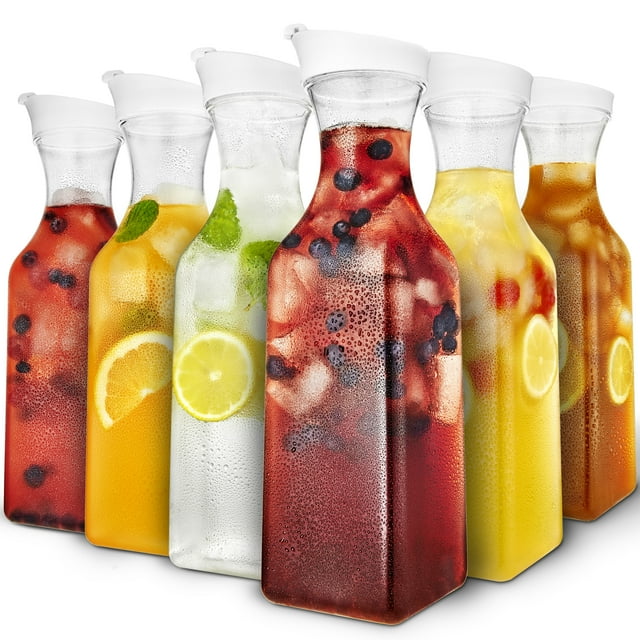 Set of 6, 50oz Square Plastic Juice Carafes with Lid, Perfect for