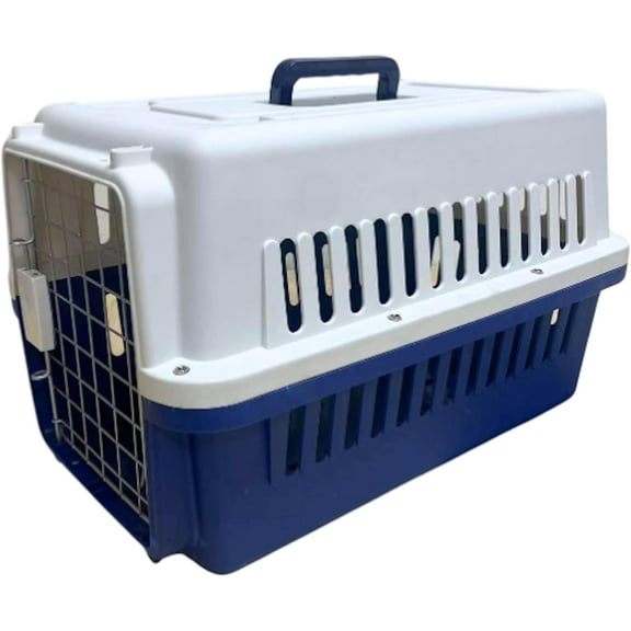 Plastic Kennel, Portable Dog Cage/Cat Cage Pet Travel Carrier, Compliant Dog Crate for Pets 15-25lbs White & Blue, Press Type Door Lock Design，ABS Material，Small Size- No Wheel
