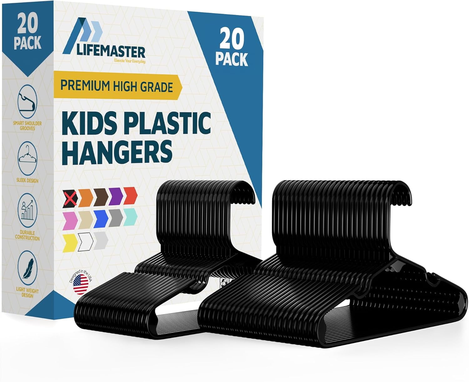 Plastic Kids Clothes Hanger – Children Clothes Hanger with Shoulder Notch, 11.6 Inch Space-Saving Closet Organizer for Baby, Toddler, and Kids Clothing, Hold Up To 5 lbs, Pack of 20, Black