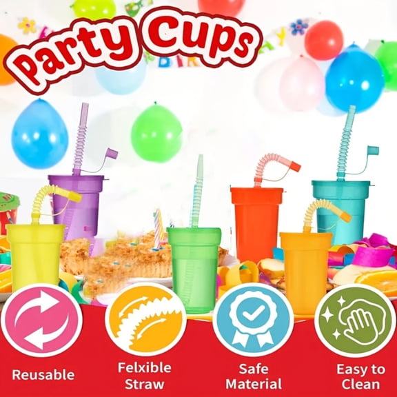 Plastic Kids Party Cups with Lids and Straws 6Pack Neon Sipper Cups Colorful Party Favor Cups for Birthday Holiday Events Party Decoration Supplies