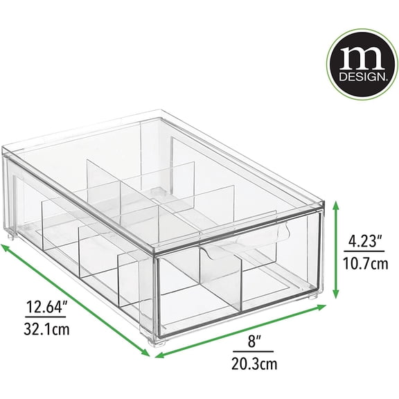 Plastic Kitchen and Pantry Organizer with Divided Drawer - Stackable Bin with 8 Sections for Tea and Snack Food - Perfect for Organizing Cabinet, Fridge - Lumiere Collection - 2 Pack - Clear