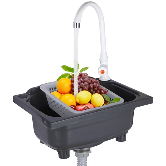 Plastic Kitchen Sink, 15.2 x 11.2 in Wall-Mounted Utility Sink with Faucet and Drain Basket, Space-Saving RV Sink, Plastic Washing Basin for Home, Restaurant, Dorm, Garage, Bathroom, Laundry