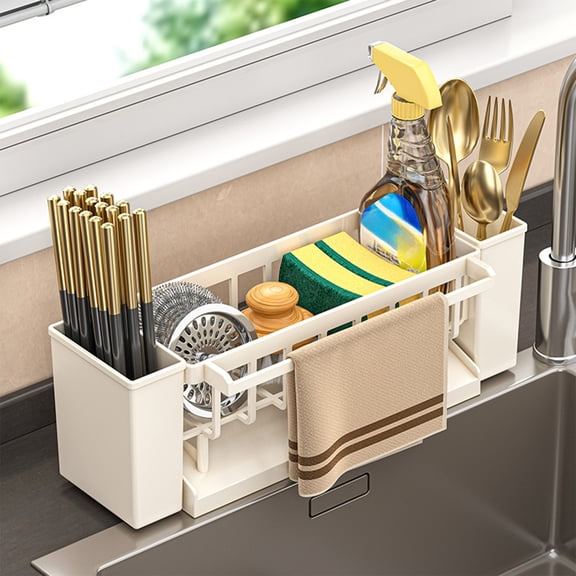 Plastic Kitchen Sink Caddy Countertop Organizer with Drainage Holes for Sponge Dishcloth Scrubber Soap Holder, Space Saving Drying Rack for Small Accessories, 12x4.3x3.5 Inch