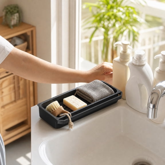 Plastic Kitchen Sink Sponge Holder Rack with Drainage Tray and Cloth Rod Wall Mounted Dish Rag Storage Organizer for Kitchen Countertop and Household Sink Organization
