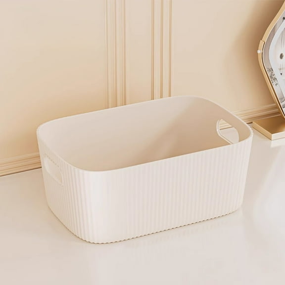 Plastic Kitchen Storage Box - Multi-Purpose Organizer with Large Opening & Round Handle, Reusable Easy Clean Bin for Snacks, Seasonings, Kitchenware - Beige (1 Piece)
