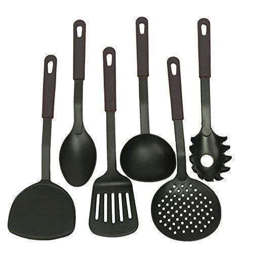Plastic Kitchen Tool Set of 6-Pcs, Heat-Resistant Black Cooking Spoons for Nonstick Cookware, Includes Spatula, Turner, Ladle, Slotted Spoon