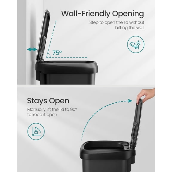 Plastic Kitchen Trash Can, 12-Gallon (45 L) Garbage Can with Stainless Steel Lid, Soft Close, Pedal Waste Bin with Wheels and Rear Handle, Ink Black