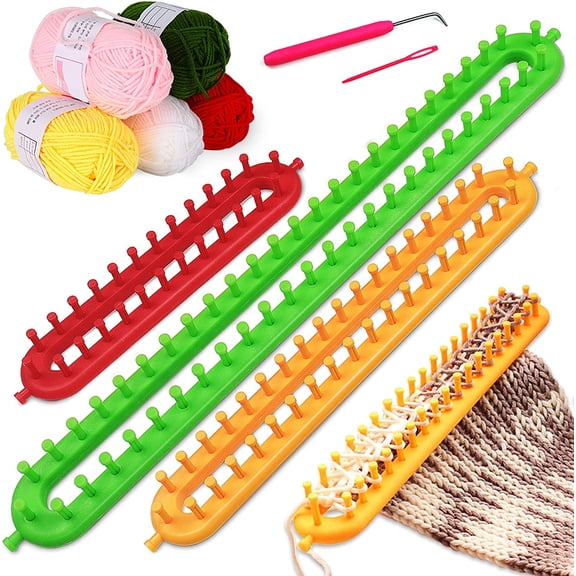 Plastic Knitting Loom & Yarn Kit, Rectangular Knitting Loom Set | 3 Size Loom Knittings for Scarf Blanket Shawl, Beginners Learn-to-knit Tool, Cpmplete Knit Kit 6pcs Crochet Yarn & Loom Hook