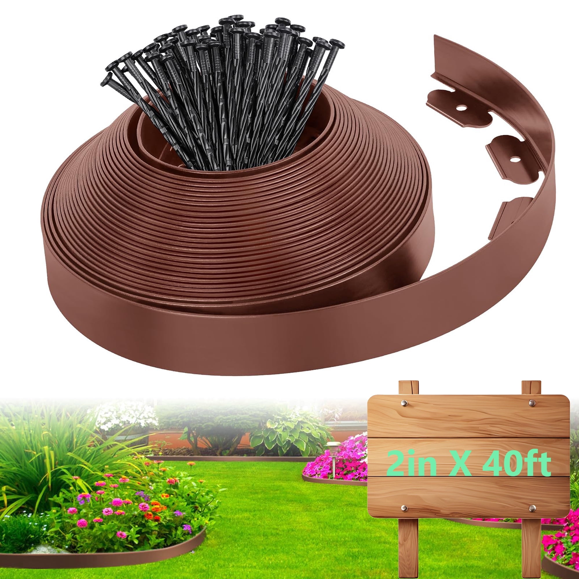 Loaddvni Garden Landscape Edging Kit, 40-Foot Long, 2-Inch Tall with 80 Anchoring Spikes, No Dig Lawn Border Design for Garden Flower Beds Lawn Yard Paver Pathway (Brown)