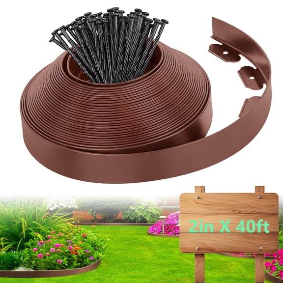 Loaddvni Garden Landscape Edging Kit, 40-Foot Long, 2-Inch Tall with 80 Anchoring Spikes, No Dig Lawn Border Design for Garden Flower Beds Lawn Yard Paver Pathway (Brown)