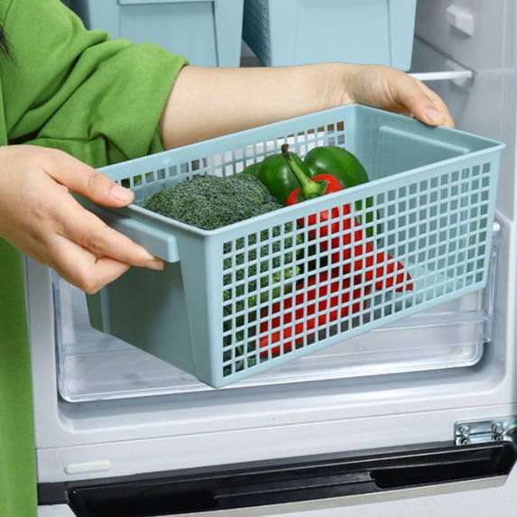 Plastic Large Storage Basket, Hollow Rectangular Organizer for Snacks & Miscellaneous, White Green, 11x6.3x4.5in, with Handles & Ventilated