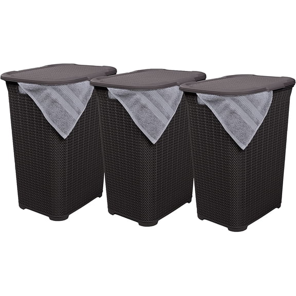 Plastic Laundry Hamper with Lid, 3 Pack Knit Designed Laundry Hamper Basket, 50 Liter White Smoke Cloths Hamper Organizer with Cut-out Handles. Space Saving for Laundry Room Bedroom Bathroom.