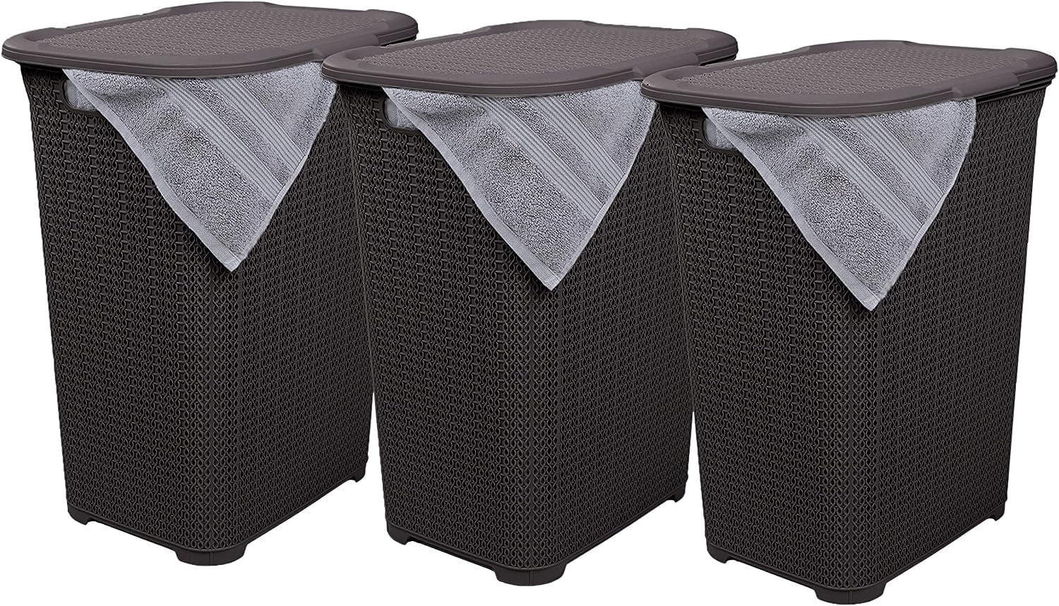 Plastic Laundry Hamper With Lid, 3 Pack Knit Designed Laundry Hamper Basket, 50 Liter White