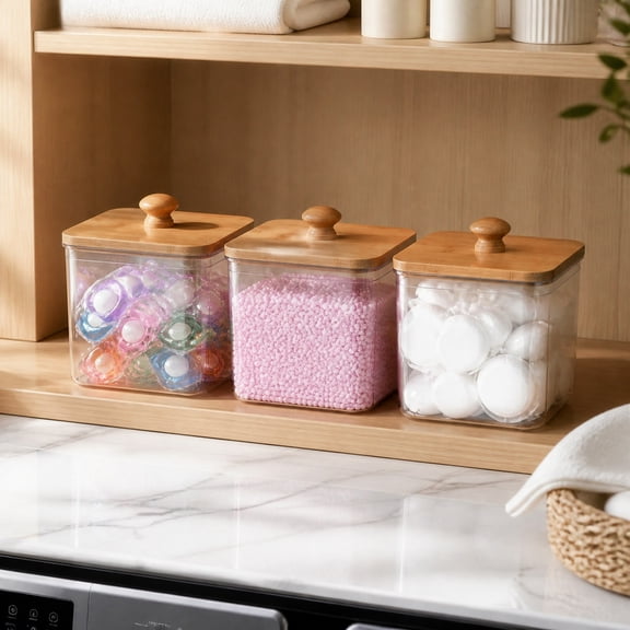 Plastic Laundry Pods Container With Lid, Clear Plastic Detergent Storage Bin With Wooden Knob Lid, Stackable Organizer for Laundry Room, Kitchen, Bathroom, Office Supplies