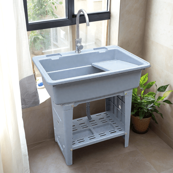 Plastic Laundry Sink with Washboard,Freestanding Plastic Sink Laundry Tub,Laundry Tub Sink with Hose Hook Up Portable Hand Wash Station,for Pet Wash Kitchen Garden Backyard Laundry