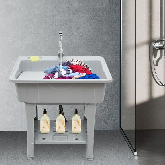 Plastic Laundry Sink with Washboard Utility Sink with Hot Cold Faucet Hoses Drain Kit