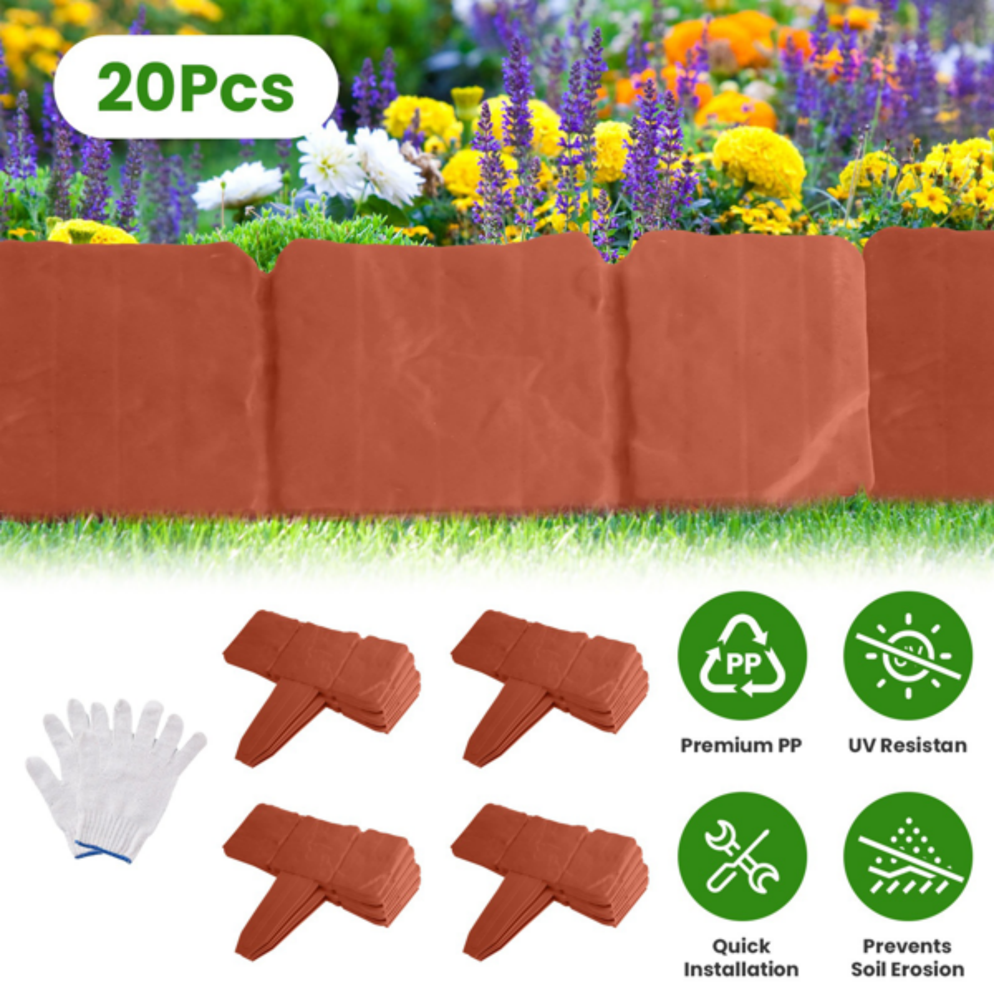 Plastic Lawn Edging, Interlocking Garden Landscape Border, 20‑Piece 16ft Flexible PP Garden Edging for Flower Beds, Walkways and Lawn Landscaping