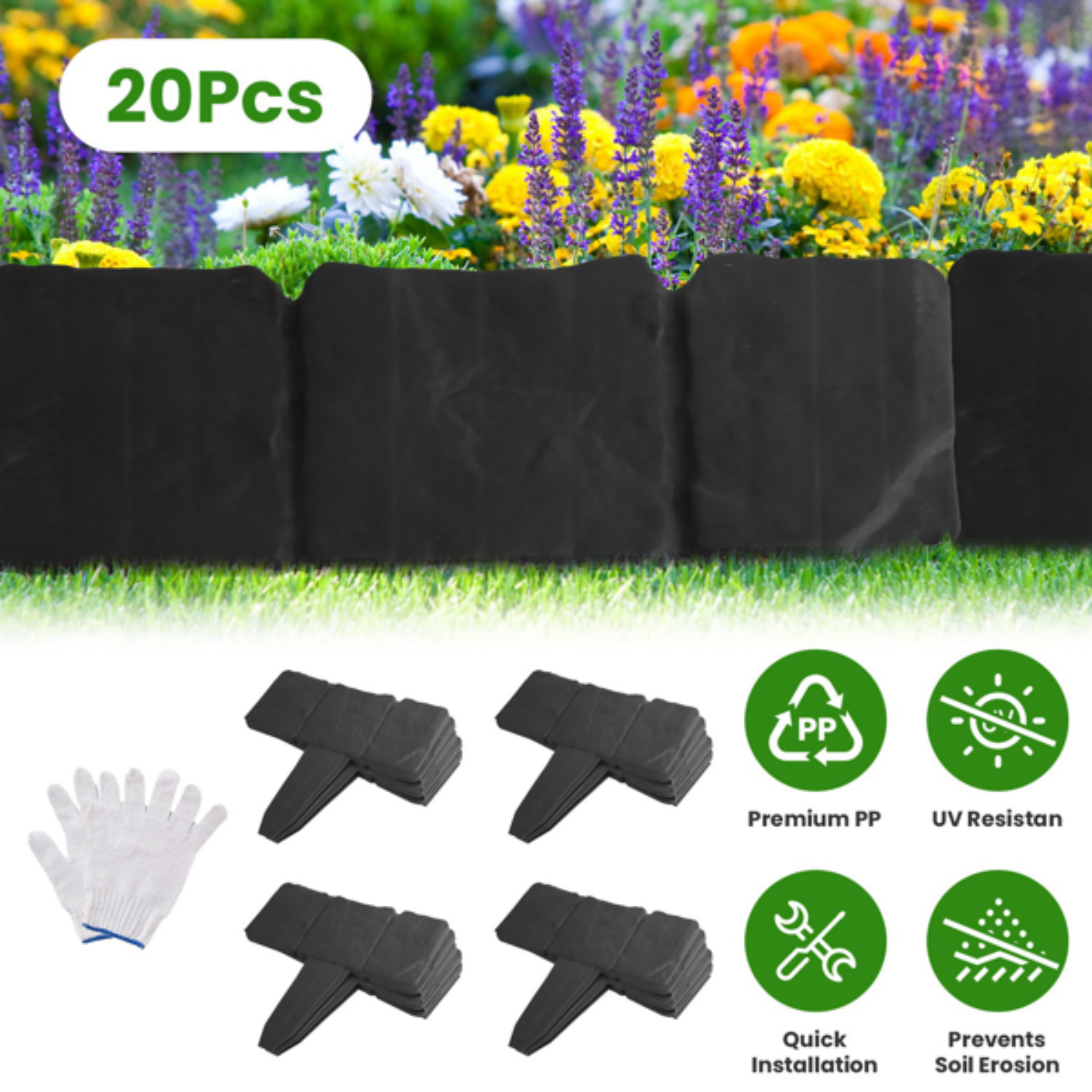 Plastic Lawn Edging, Interlocking Garden Landscape Border, 20‑Piece 16ft Flexible PP Garden Edging for Flower Beds, Walkways and Lawn Landscaping