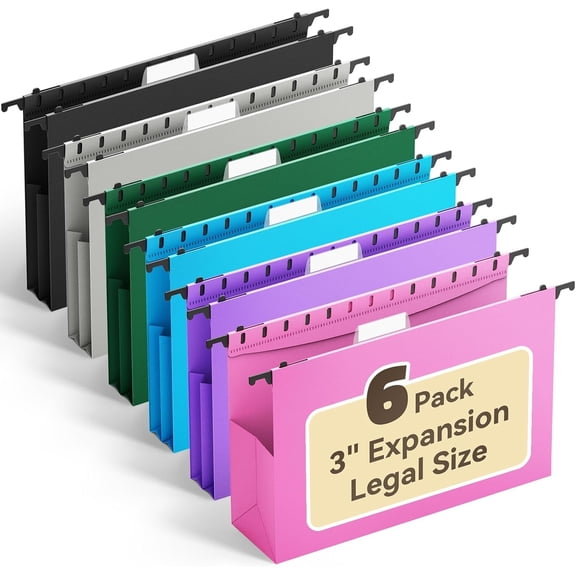 Plastic Legal Size File Folders,Heavy Duty 3" Expandable Legal File Folder with Tabs,6 Pack Extra Capacity Pastel File Cabinet Folders,Office School File Organizer