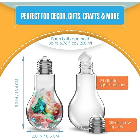 Plastic Light Bulbs, Fillable Light Bulbs, Fake Lightbulb, Plastic Lightbulbs for Crafts, Clear, Cups, Jars, Containers, Ornaments, Drink Glasses, Candy, Bottles, Party Favors, 200ML, 24PK