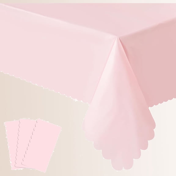 Plastic Light Pink Tablecloth, Disposable Scalloped Edge Waterproof Rectangle Table Cover for Birthday Bridal Wedding