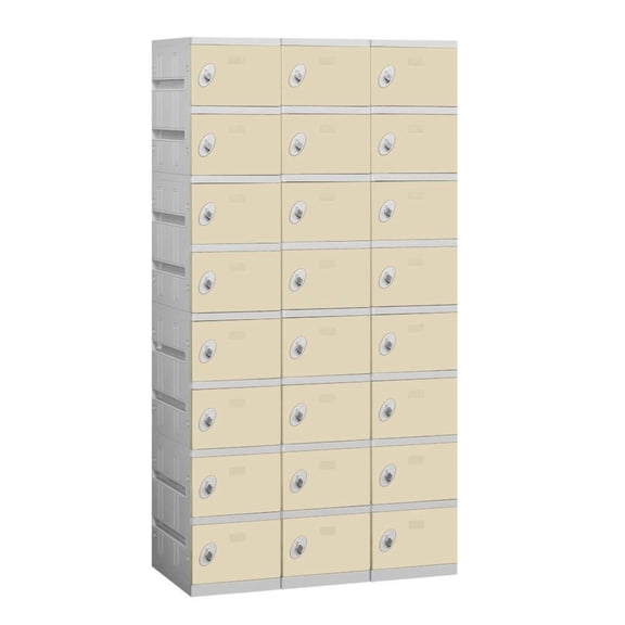 Plastic Locker - Eight Tier - 3 Wide - 73 Inches High - 18 Inches Deep - Tan - Unassembled