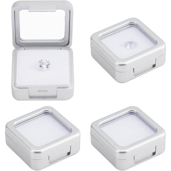 Plastic Loose Diamond Gemstone Display boxes Glass Top Jewelry Display Cases with Sponge Inside Square Silver 4x4x1.7cm Plastic