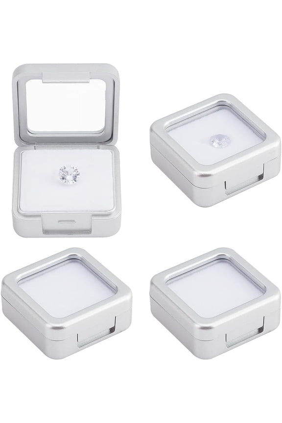 Plastic Loose Diamond Gemstone Display boxes Glass Top Jewelry Display Cases with Sponge Inside Square Silver 4x4x1.7cm Plastic