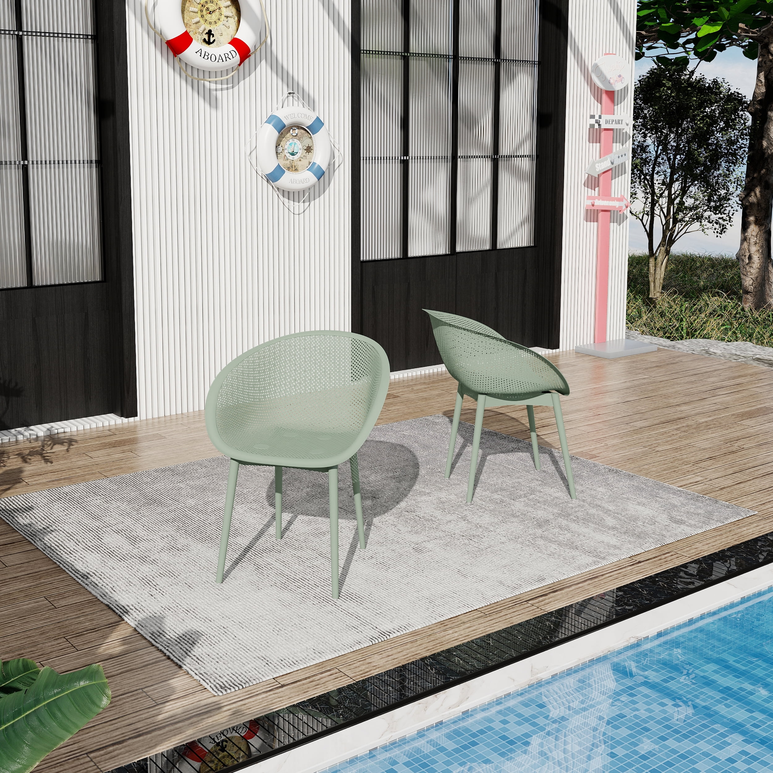 Plastic Lounge Chair, 2 Pack Lightweight Leisure Chair for Patio Beach Garden Backyard, Pale Green