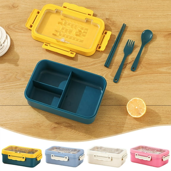 Plastic Lunch Box | Leak-Proof Food Container with Utensils - Bento Style | Reusable Microwave & Dishwasher Safe | Compact Single Compartment | 8.27x5.51x3.15 in | Blue Pink White Yellow