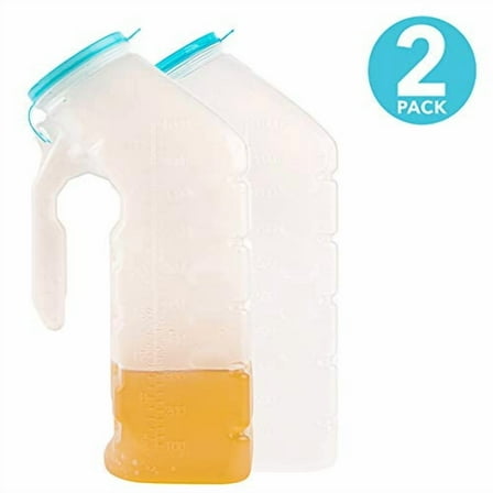 Male Urinal with Glow in The Dark Lid (2 Bottles) 32 Oz Urine Bottles for Men - Pee Bottles for Hospitals, Emergency and Travel