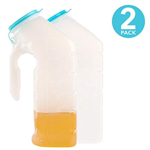 Male Urinal with Glow in The Dark Lid (2 Bottles) 32 Oz Urine Bottles for Men - Pee Bottles for Hospitals, Emergency and Travel